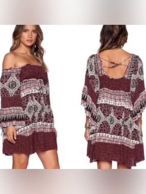 Free People Burgundy and White Patterned Dress Size S